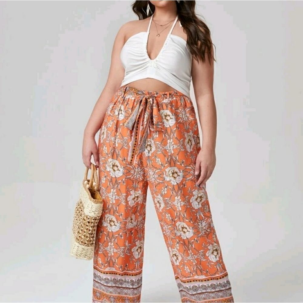 Plus Floral Self Tie Wide Leg Pants